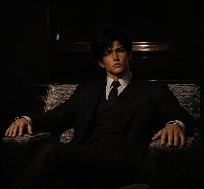 A moody, photorealistic portrait of a dark-haired young man in a black three-piece suit sitting in a gray armchair with a serious expression, lit dramatically against a dark background.