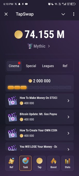 The image shows a TapSwap app screen displaying a balance of 74.155 M coins under the "Mythic" tier, with various video tasks listed (like "How To Make Money On $TOCI" and "Bitcoin Update: Mt. Gox Payout") each worth 400,000 coins. The user's caption "Only DOGS . Others na dust" suggests they're dismissing these other crypto projects/tasks, implying only DOGS coin is worth attention while everything else is worthless.