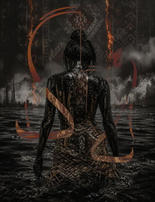Dark, atmospheric digital art showing a figure from behind covered in black tar or oil, wrapped in woven materials, standing in water with flames, smoke, and industrial silhouettes in the background, with red geometric shapes overlaid.
