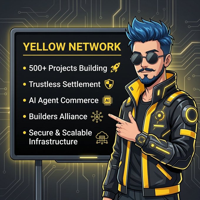The image features a cartoon man wearing sunglasses and a yellow jacket with his hand pointing towards a sign that says "Yellow Network" against a black background. The text on the sign includes details about the project, such as 500+ projects for building, trustless settlements, AI agent commerce, builders' alliance, secure infrastructure, and scalable networks designed for the next generation of AI-powered projects.