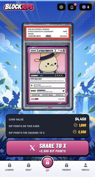 A screenshot of the BlockRips mobile app showing a digital trading card labeled "2026 BLOCKRIPS GENESIS #TRACTORTOOTHTM-LEGENDARY" featuring a character called "TRACTORTOOTHTM" with a card value of $4,450 and 1,000 RIP points.