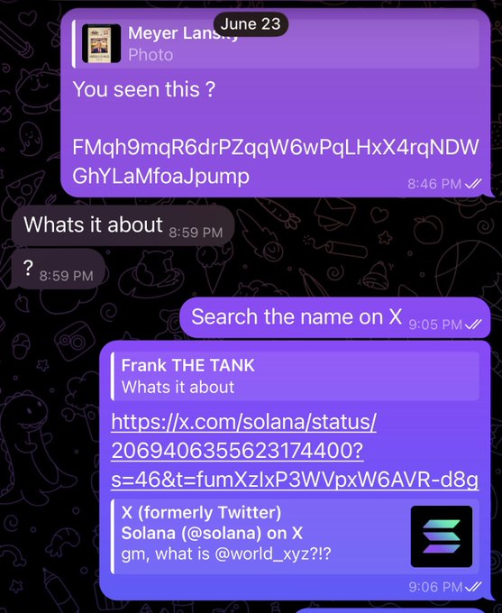 A Telegram conversation shows "Meyer Lans..." sharing a meme with an alphanumeric code, followed by the sender asking "Search the name on X" and linking to a Solana tweet referencing "@world_xyz," connecting to the post's promotion of "$world" as alpha.