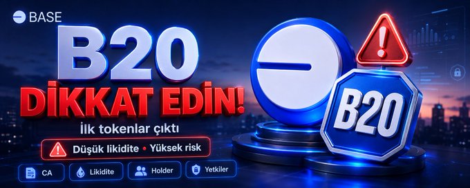 A warning graphic alerting viewers to "B20 DİKKAT EDİN!" (Beware of B20!) with text noting the first Base B20 tokens have launched with low liquidity and high risk, alongside visual icons for token CA, liquidity, holders, and authorities—matching the post's caution about newly active B20 token standard on the Base network.
