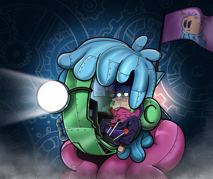 A cartoon illustration of a character with blue hair wearing a green helmet with a headlamp, reading a book while seated in a pink mechanical vehicle, with a purple flag bearing another character's face in the background.