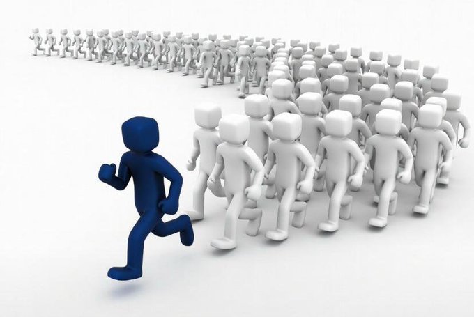 A 3D illustration showing a single blue figure running ahead of a large crowd of identical white figures.