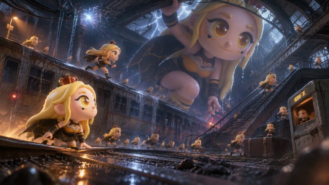 A dramatic scene shows multiple chibi-style blonde princess characters with large eyes leaping through a dark, rainy, abandoned train station setting.