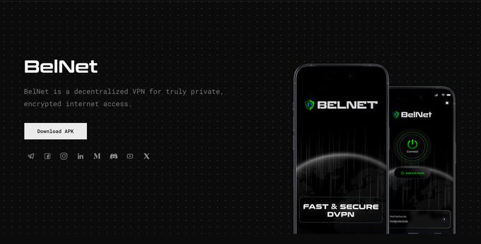 A promotional landing page for BelNet, described as a "decentralized VPN for truly private, encrypted internet access," featuring a "Download APK" button and two smartphone mockups displaying the app's interface with a green "Connect" button and "FAST & SECURE DVPN" tagline. The image aligns with the accompanying post by visually reinforcing BelNet's decentralized VPN concept through its sleek, privacy-focused branding and prominent DVPN messaging.