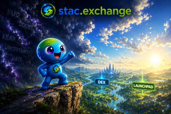 Promotional graphic for stac.exchange featuring a blue cartoon mascot standing on a cliff, with dark stormy clouds labeled FUD, DOUBT, FEAR, and NEGATIVITY on one side and a bright cityscape with DEX and LAUNCHPAD signs on the other.