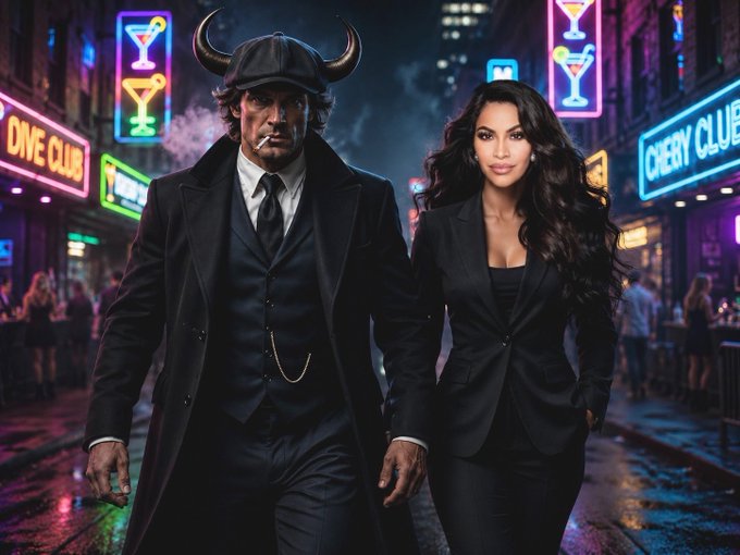 A man wearing a horned helmet and a woman in a black suit stand together on a neon-lit street featuring signs for clubs and cocktail bars. The imagery evokes the "grab the bull by the horns" saying, tying into the bullish Bitcoin theme of ticker $TBB.