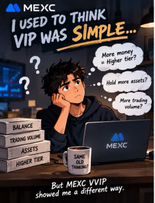 An anime-style promotional image for MEXC crypto exchange showing a confused young man at a laptop with thought bubbles ('More money = Higher tier?', 'Hold more assets?', 'More trading volume?') and books labeled 'BALANCE', 'TRADING VOLUME', 'ASSETS', 'HIGHER TIER', with the text 'I USED TO THINK VIP WAS SIMPLE... But MEXC VVIP showed me a different way.'
