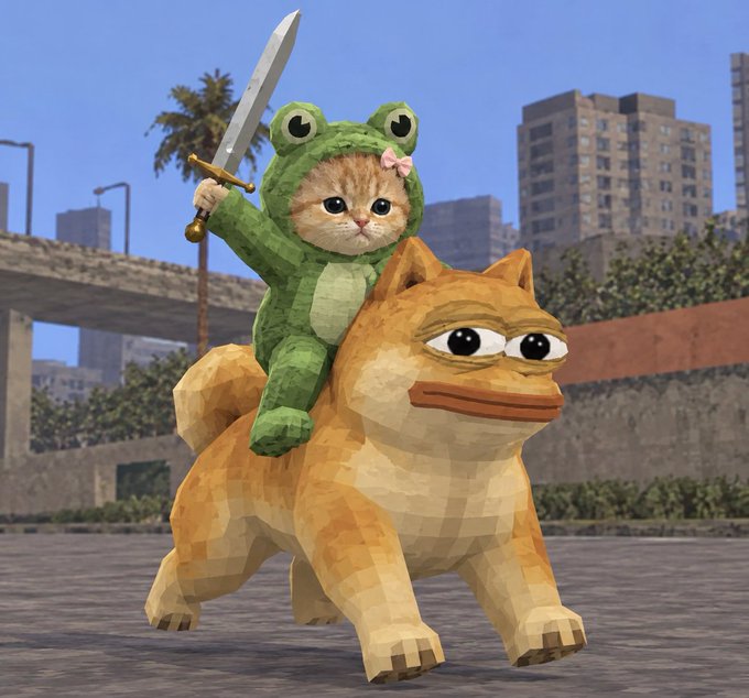 Whimsical 3D rendered image of an orange tabby kitten wearing a green frog costume and holding a sword, riding on the back of a low-poly, frog-eyed golden dog character in an urban setting.