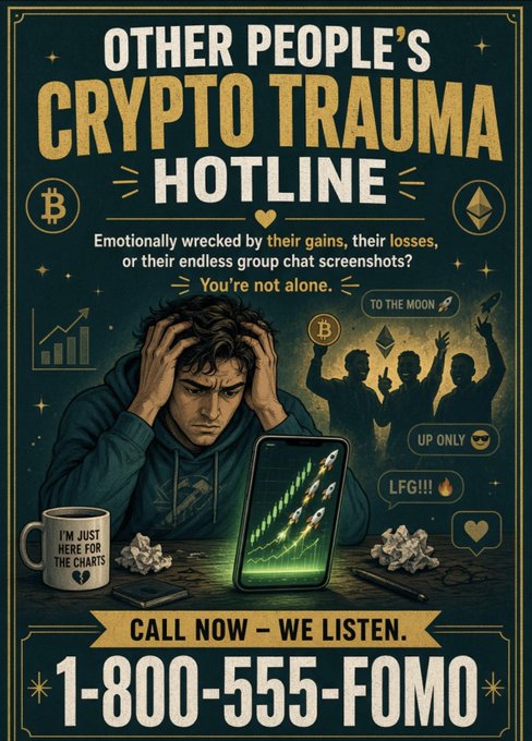A humorous vintage-style poster advertising 'OTHER PEOPLE'S CRYPTO TRAUMA HOTLINE' with the phone number '1-800-555-FOMO', featuring a distressed man staring at a green chart on his phone and a coffee mug reading 'I'M JUST HERE FOR THE CHARTS'.