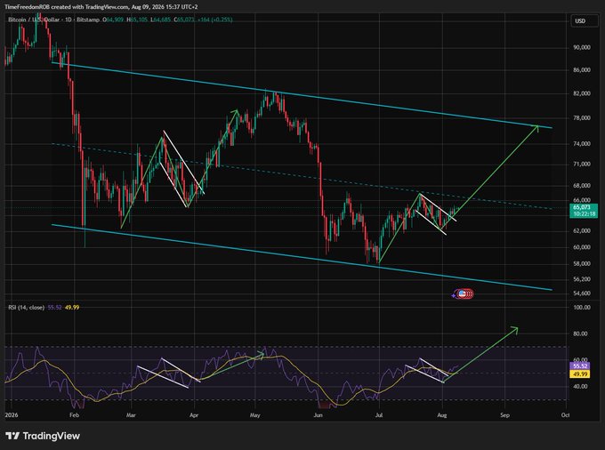 The image shows a Bitcoin (BTC/USD) daily candlestick chart on TradingView dated August 9, 2026, with BTC at $65,105 (+$4.685, +0.25%), displaying a descending channel pattern with a potential W-bottom formation highlighted by green arrows and an RSI indicator below showing bullish divergence. The chart visually supports the caption's claim of a likely bottom in place, with the W-shaped price action and rising RSI trend lines suggesting a reversal from the bearish trend.