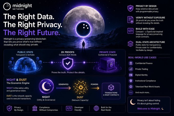 Promotional infographic for 'midnight NETWORK' detailing 'The Right Data. The Right Privacy. The Right Future.' with features like Privacy by Design, ZK Proofs, and Dual-State Architecture.