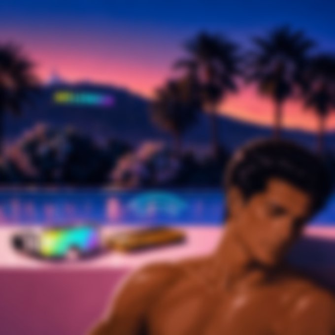 A pixel art image depicting a shirtless man in the foreground with a retro, neon-colored tropical scene featuring palm trees and a pool in the background.