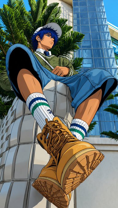 An anime-style illustration depicts a young man with blue hair lounging on a tiled ledge, wearing a green jacket, blue jeans, striped socks, and large tan work boots, with a modern glass building and palm trees in the background.