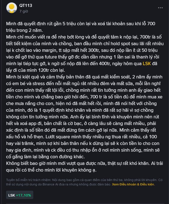 A Vietnamese social media post from user "QT113" discussing a financial decision to withdraw nearly 5 billion VND and close an account after losing 700 million over 2 years, with "LSK +17,10%" shown at the bottom.