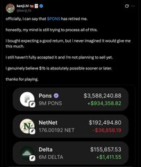 An X post by 'lee.jl' expressing disappointment with SPONS, with poll results showing token preferences: Pons ($3.58M, leading), NetNet ($192K), and Delta ($155K).