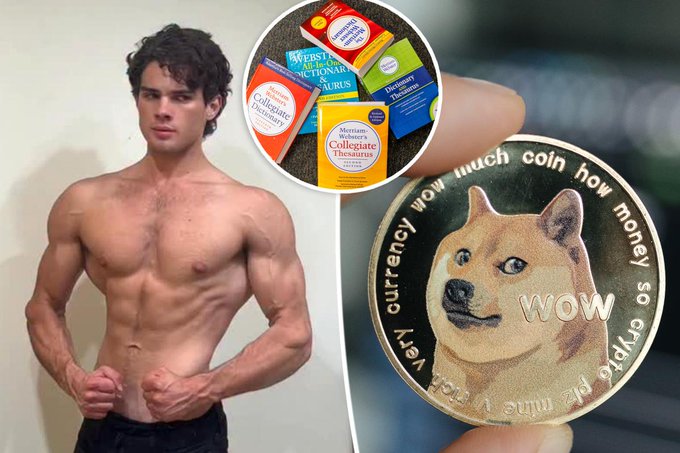 A collage showing a shirtless man flexing, several Webster's dictionaries and Roget's Thesaurus, and a hand holding a Dogecoin-themed commemorative coin reading 'WOW currency wow much coin how money so crypto very mine amaze'.