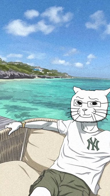 An illustrated white cat wearing a New York Yankees shirt relaxes on a beachside lounge chair overlooking a turquoise tropical sea, mirroring the post's vision of an aspirational vacation destination. The image ties into the "$Catjak" theme by depicting a dreamy, paradise-like escape as a future reward for believers in the token.