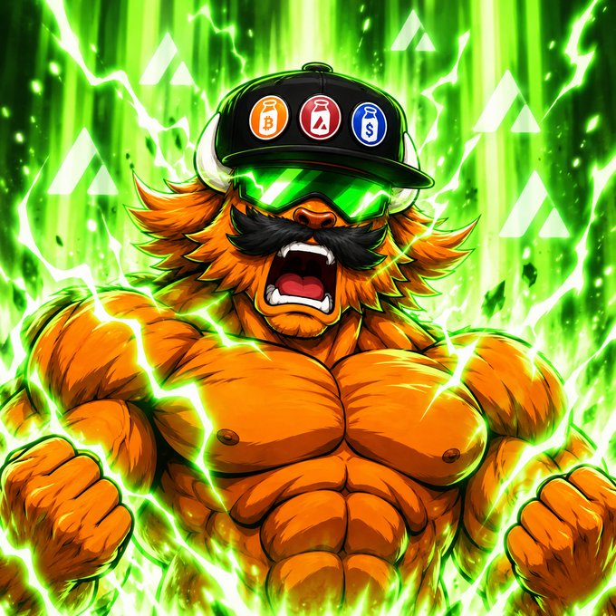 An anime-style muscular lion-like character with a large mustache roaring, wearing a cap with Bitcoin, Avalanche, and dollar coin logos and glowing green sunglasses, surrounded by green lightning.