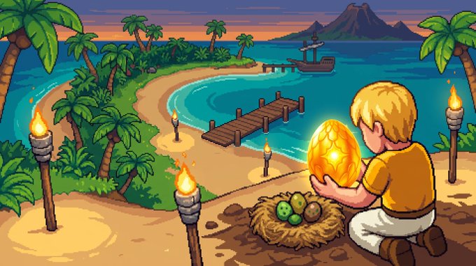 A cartoon illustration of a blonde child holding a glowing golden egg beside a nest of speckled eggs on a tropical beach with palm trees, a dock, a ship, torches, and a volcano in the background.