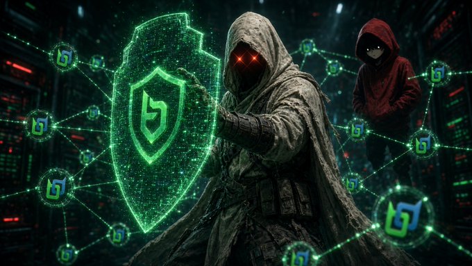 An artistic digital illustration of a hooded warrior holding a glowing green shield surrounded by network nodes with 'b' logos, with another hooded figure in red standing in the background.