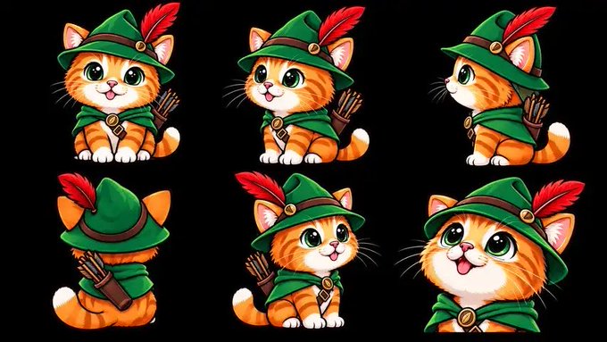 Six cartoon orange tabby kittens dressed as Robin Hood in green hats with red feathers and carrying quivers of arrows are displayed on a black background.