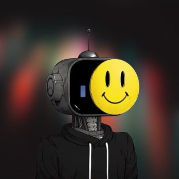 A robot figure wearing a black hoodie features a yellow smiley face on its screen-like head against a dark background.