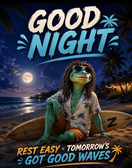 A "Good Night" themed illustration showing a dreadlocked frog character with sunglasses sitting on a beach at night with a surfboard, with the text "REST EASY • TOMORROW'S GOT GOOD WAVES".