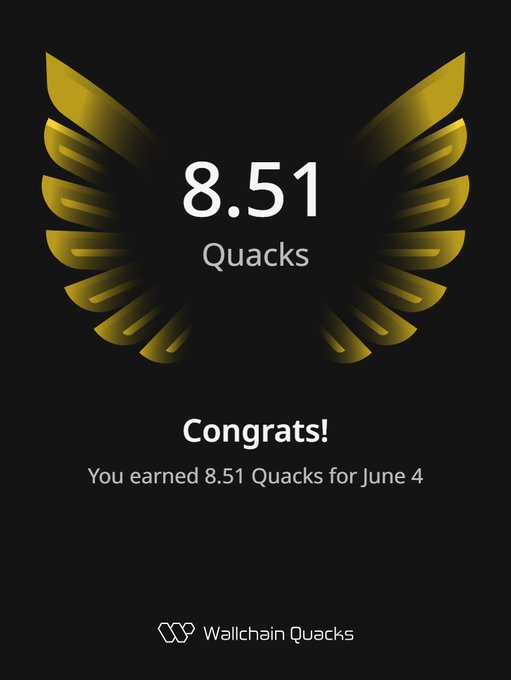 The image features an advertisement with a gold-colored logo that says "Happy Blessed Friday" written below it, along with the number "8.51 Quacks" above it. The text indicates that the user has earned 8.51 Quacks for participating in a campaign on June 4th. The post is about celebrating and rewarding users who contribute to campaigns or projects at Wallchain Quacks.