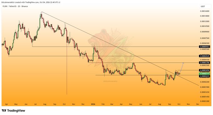 A TradingView 2D candlestick chart displays FLOKI/USDT on Binance, showing the asset trading around $0.00002650-$0.00002900 with a descending trendline broken to the upside, confirming the post's bullish outlook as price holds above the $0.00002655 support level.