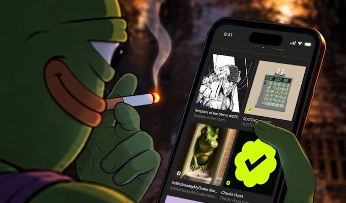 A green-skinned cartoon character smoking a cigarette while holding a smartphone displaying an NFT marketplace with items like 'Templars of the Storm' and 'Chucks Hood'.