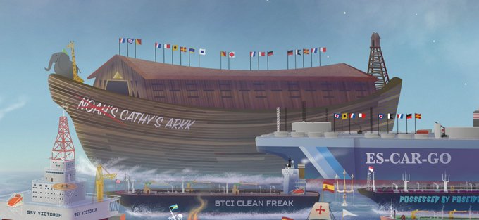 An illustration shows a massive wooden ark labeled 'NOAH'S CATHY'S ARK' sailing past large ships with names like 'ES-CAR-GO', 'BTCI CLEAN FREAK', and 'POSSESSED BY POSSUM' flying international flags.