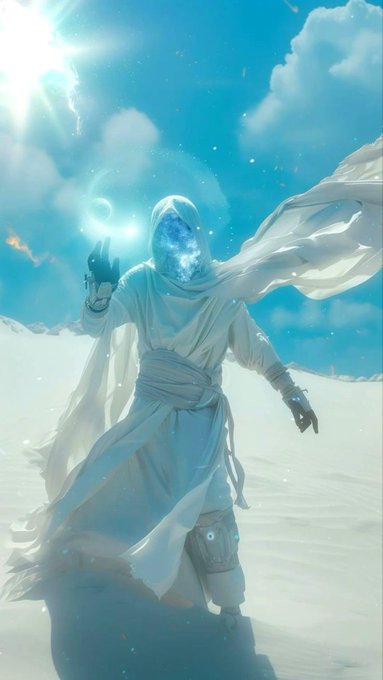 A digital artwork featuring a hooded figure in white robes with a glowing face, holding a swirling blue orb of light in a snowy, mountainous landscape under a bright sky.