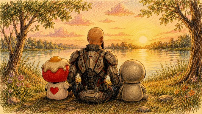 An artistic illustration of a cyborg warrior sitting peacefully between a red cupcake-like creature and a gray round creature, watching a sunset over a lake.