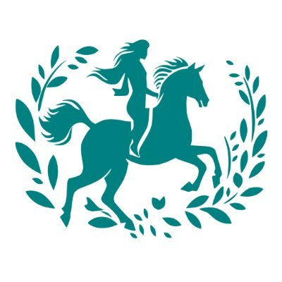 A teal-colored decorative silhouette logo of a woman riding a horse surrounded by a laurel wreath.