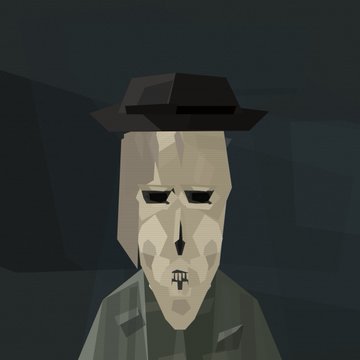 A low-poly digital portrait of a gaunt, pale man wearing a dark fedora and trench coat against a dark background, rendered in a stylized minimalist art style.