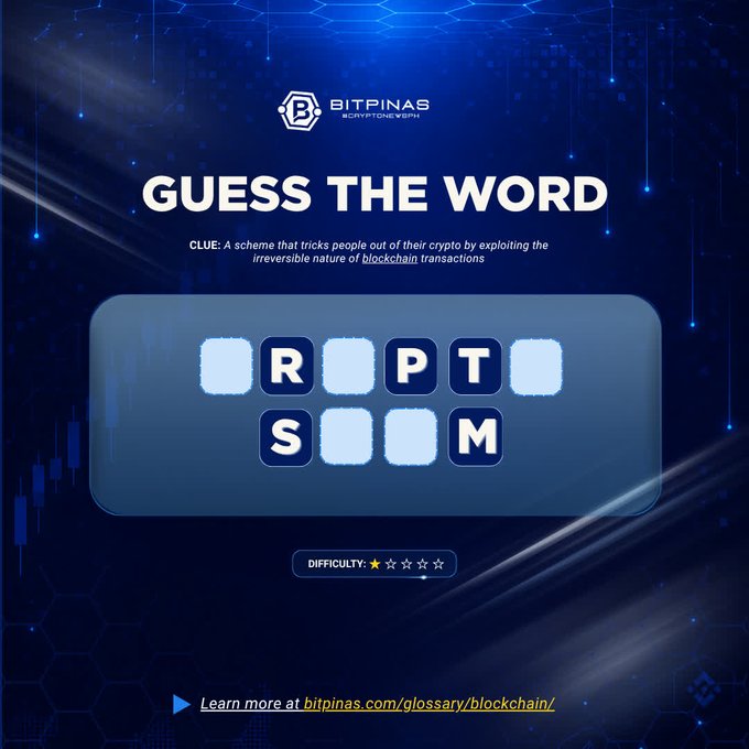 A "Guess The Word" puzzle from BitPinas #CryptoTevesph with the clue "A scheme that tricks people out of their crypto by exploiting the irreversible nature of blockchain transactions," revealing the letters "S", "R", "P", "T", "S", "M".
