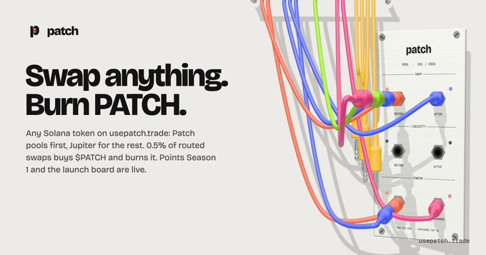 A promotional graphic for 'patch' on Solana with the text 'Swap anything. Burn PATCH' alongside a colorful 3D rendering of a patch panel with multicolored cables.