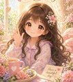 An anime-style illustration of a girl with long brown hair surrounded by flowers and decorative elements, with Japanese text at the bottom.