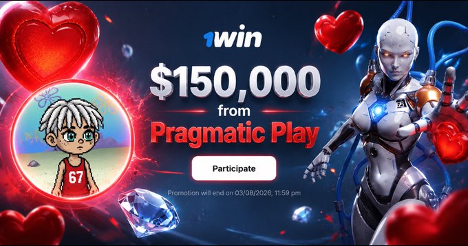 A promotional banner for 1win featuring a $150,000 giveaway from Pragmatic Play, with a 'Participate' button, a cartoon character with dreadlocks, and a robotic figure, set against a red and blue background with hearts.