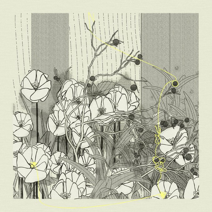 The image features a black and white illustration of flowers with yellow lines running through them. There are at least 14 flowers visible in the scene, each with their own unique shape and size. The flowers are arranged in various positions, creating an interesting visual effect that draws attention to the details within the artwork. The post includes text that reads "Each time I refuel on tezzitos, I like to get myself something special." This phrase is related to the image as it suggests a connection between the art and the artist's personal interests or experiences. Additionally, there are mentions of other artists such as @zancan and Charcoal Seeds, which further emphasizes the artistic nature of this piece.