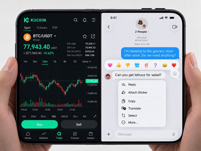 A foldable smartphone displaying the KuCoin trading app (BTC/USDT at $77,943.40, +0.62%) on one screen and a messaging app with a grocery store conversation on the other.