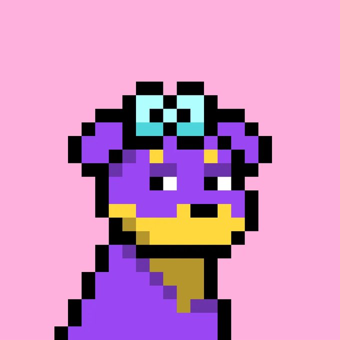 A retro pixel art illustration of a purple serpentine character wearing cyan sunglasses and a gold necklace, set against a pink background.