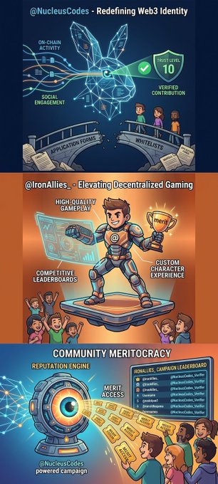 Three-panel infographic showcasing @NucleusCodes 'Redefining Web3 Identity' and @IronAllies 'Elevating Decentralized Gaming,' highlighting features like on-chain activity, verified contributions, white lists, reputation engine, competitive leaderboards, and community meritocracy for a powered campaign.