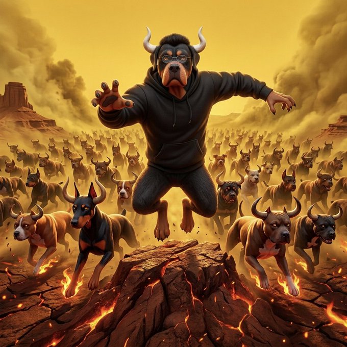 A fierce bull-like Doberman figure wearing a hoodie and glasses leaps dynamically above a stampede of horned dogs charging across cracked, lava-lit earth under a smoky golden sky—visually symbolizing the unstoppable momentum of the $TOSA bull run referenced in the caption.