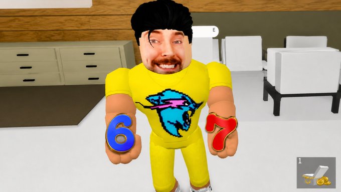 A Roblox character with a real human face and yellow outfit holding blue '6' and red '7' numbers in a virtual living room setting.