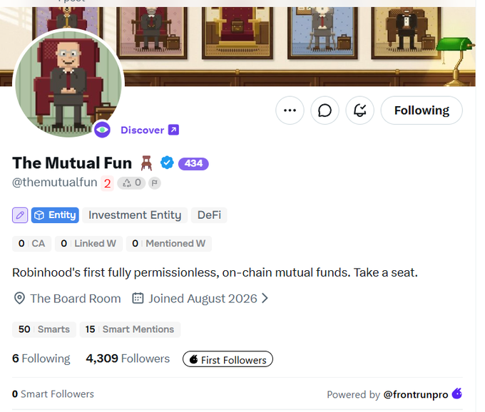 A social-media profile for “The Mutual Fun” (@themutualfun), described as Robinhood’s first fully permissionless, on-chain mutual funds, with 4,309 followers and “First Followers” status.