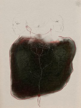 An ethereal artwork featuring three faint sketched female profiles surrounding a dark, amorphous central mass with delicate branching lines resembling veins or roots, accented with thin red outlines.
